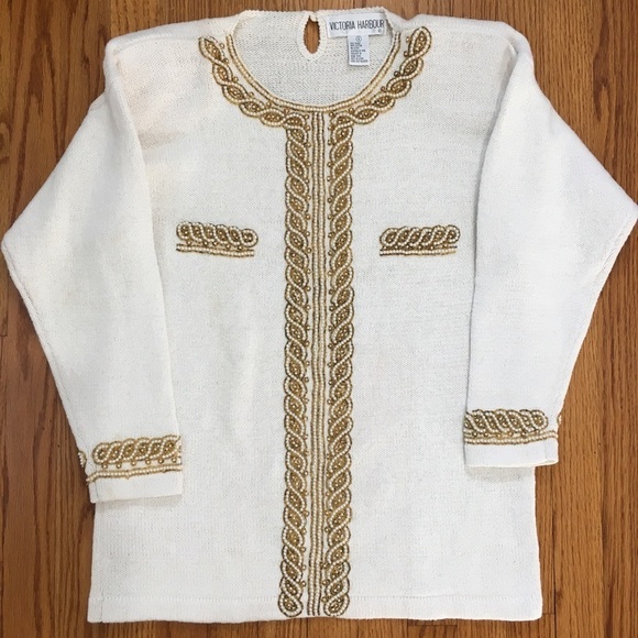Victoria Harbour vintage 80s off white pear embroidery trim oversized sweater - Picture 15 of 16